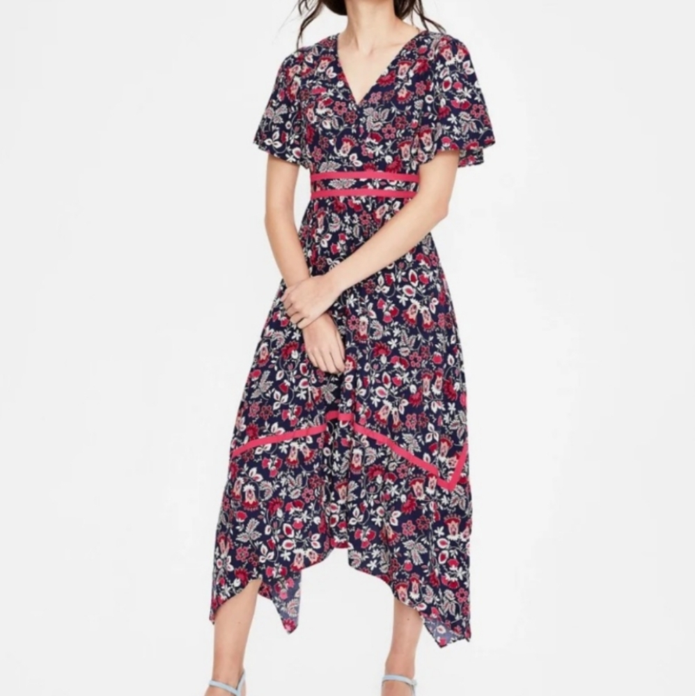 💕💕Boden Holly Hanky hem navy and pink floral dress size 8R